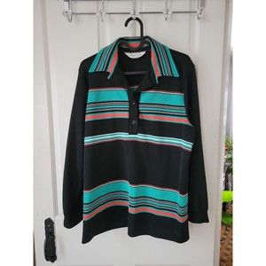 Vintage 70s Black Green and Orange Striped Polyester Blouse 38 Mod Retro